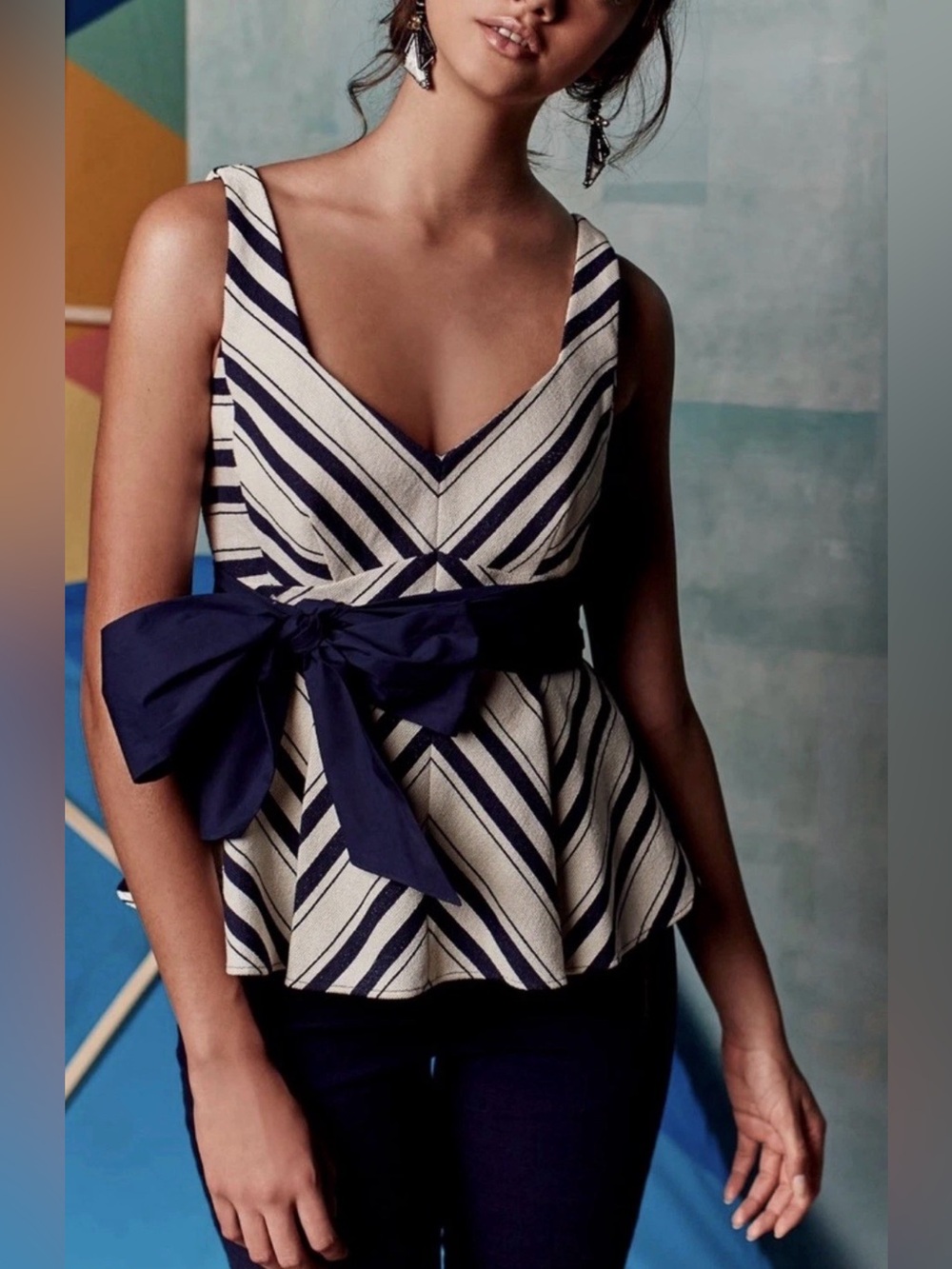Maeve Navy and Cream Striped V-Neck Peplum Camisole with Bow